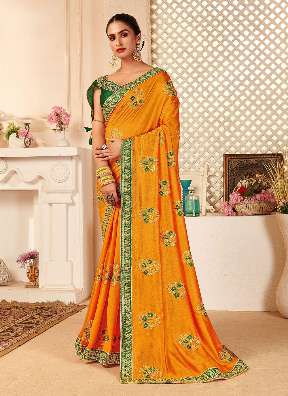 Alluring Yellow Vichitra Silk Embroidered Traditional Saree