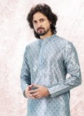 Amazing Aqua Blue Banarasi Jacquard Fancy work Kurta Pyjama - 3