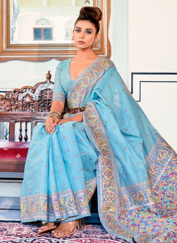 Amazing Aqua Blue Satin Silk Woven Classic Designer Saree
