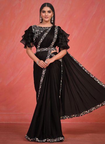 Amazing Black Crepe Silk Embroidered Designer Saree