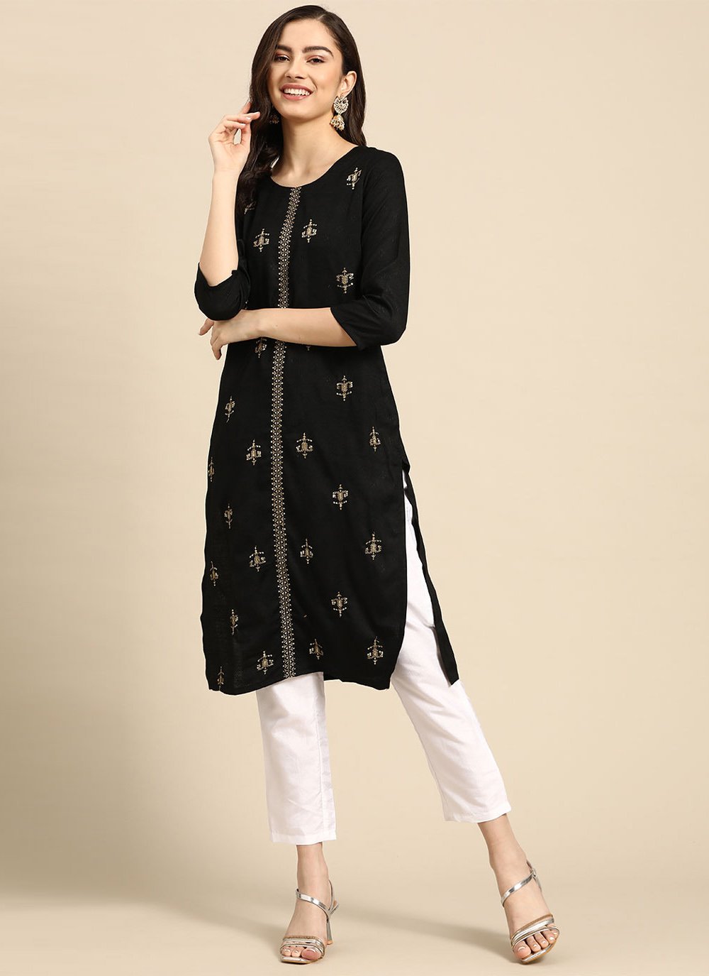 Amazing Black Rayon Embroidered Party Wear Kurti for Casual