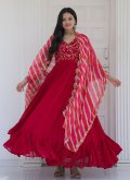 Amazing Embroidered Chiffon Red Floor Length Gown - 2