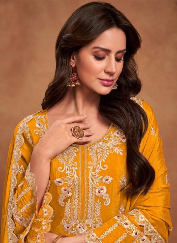 Amazing Embroidered Chinon Yellow Trendy Salwar Suit