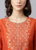 Amazing Embroidered Poly Silk Orange Readymade Style - 1