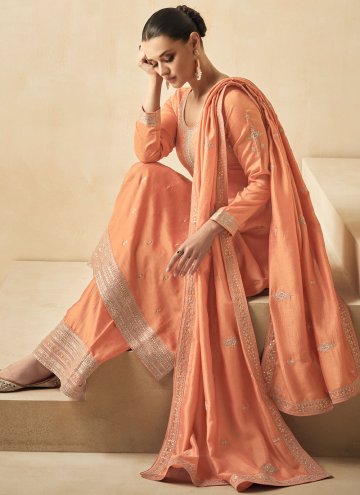 Amazing Embroidered Silk Orange Straight Salwar Kameez
