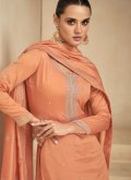 Amazing Embroidered Silk Orange Straight Salwar Kameez - 3
