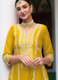 Amazing Embroidered Silk Yellow Pant Style Suit - 1