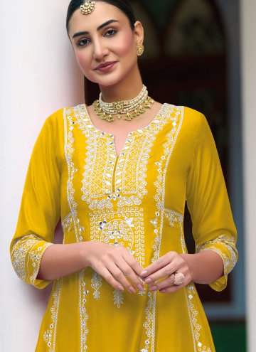Amazing Embroidered Silk Yellow Pant Style Suit