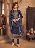 Amazing Embroidered Viscose Blue Pant Style Suit - 1