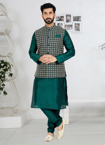 Amazing Green Banarasi Fancy work Kurta Payjama With Jacket for Ceremonial