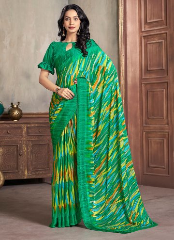 Amazing Green Chiffon Printed Classic Designer Saree