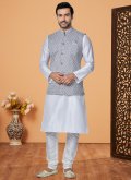 Amazing Grey and Off White Banarasi Fancy work Kurta Payjama With Jacket for Ceremonial - 1