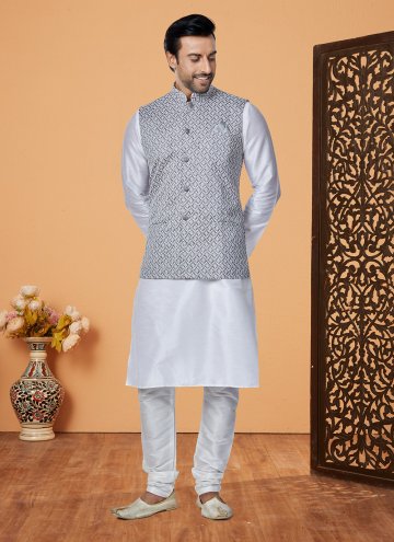 Amazing Grey and Off White Banarasi Fancy work Kurta Payjama With Jacket for Ceremonial