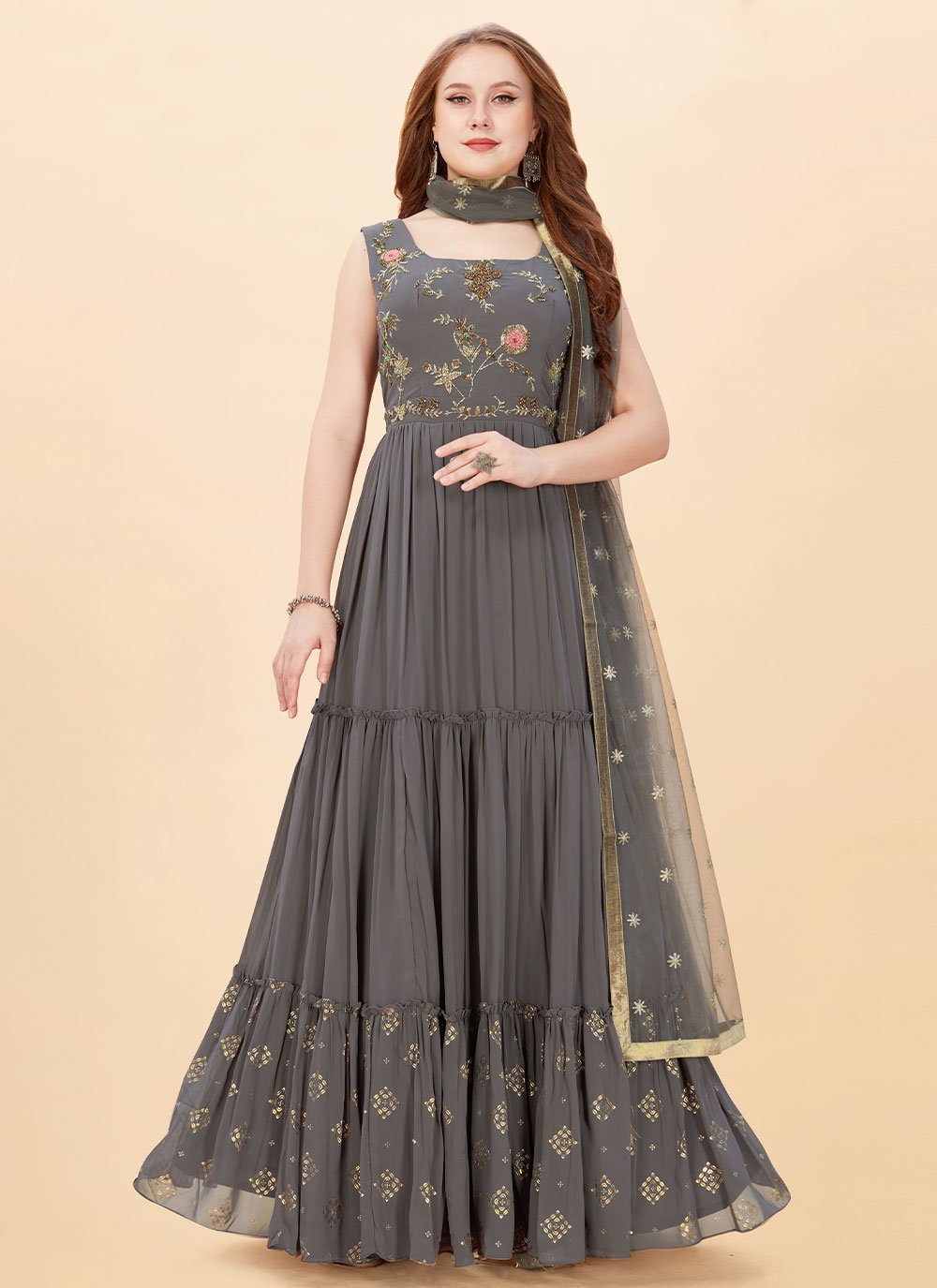 Amazing Grey Faux Georgette Embroidered Designer Gown