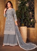 Amazing Grey Net Cord Palazzo Suit for Engagement - 1