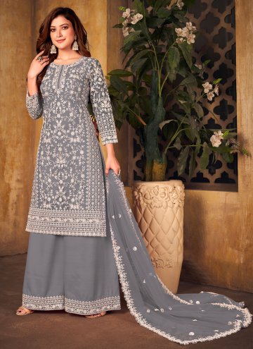 Amazing Grey Net Cord Palazzo Suit for Engagement