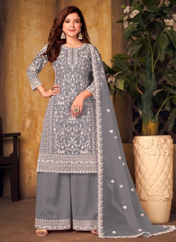 Amazing Grey Net Cord Palazzo Suit for Engagement