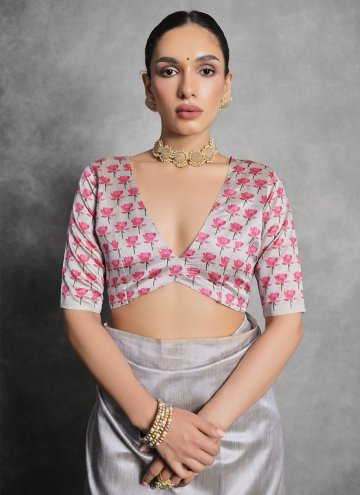 Amazing Grey Tussar Silk Printed Trendy Saree