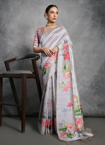 Amazing Grey Tussar Silk Printed Trendy Saree