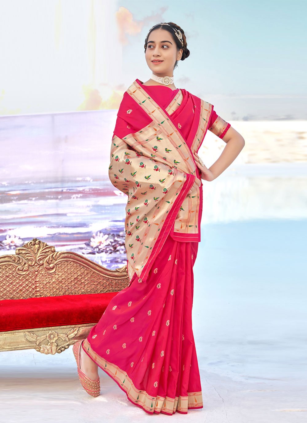 Amazing Hot Pink Banarasi Woven Designer Traditional Saree