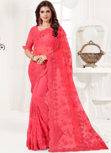 Amazing Hot Pink Net Embroidered Traditional Saree