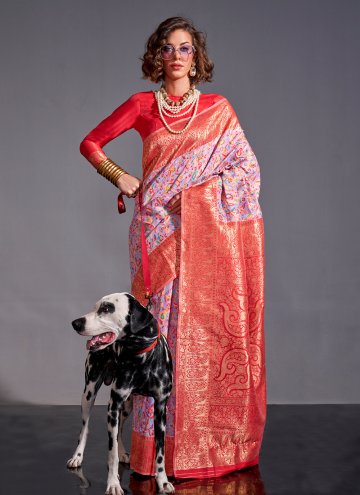 Amazing Lavender and Red Handloom Silk Woven Trendy Saree
