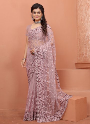 Amazing Lavender Net Embroidered Trendy Saree for Ceremonial