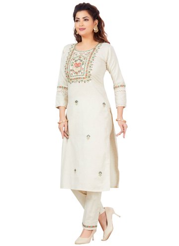 Amazing Off White Cotton  Embroidered Party Wear Kurti for Ceremonial