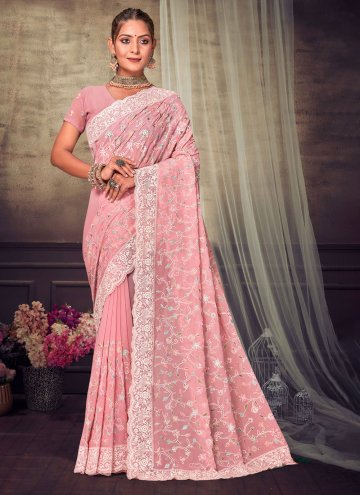 Amazing Pink Georgette Embroidered Designer Saree