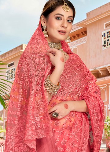 Amazing Pink Net Embroidered Classic Designer Saree for Festival