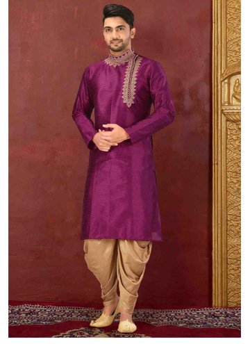 Amazing Purple Art Dupion Silk Embroidered Kurta Pyjama