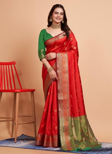 Amazing Red Banarasi Woven Trendy Saree for Casual