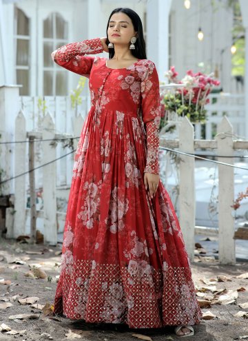Amazing Red Faux Georgette Embroidered Designer Go