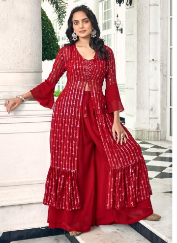Amazing Red Faux Georgette Embroidered Palazzo Suit