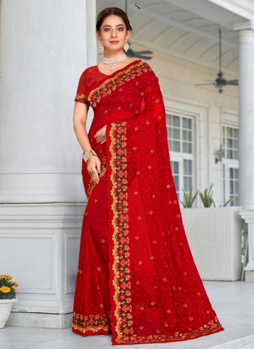 Amazing Red Georgette Embroidered Designer Saree for Reception