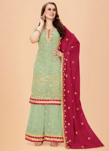 Amazing Sea Green Faux Georgette Embroidered Trend