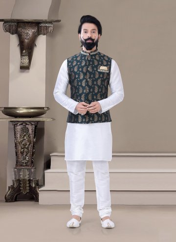 Amazing Teal and White Jacquard Embroidered Kurta Payjama With Jacket for Ceremonial