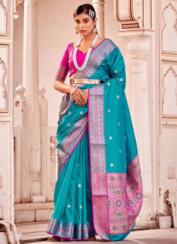 Amazing Teal Banarasi Woven Designer Saree for Fes
