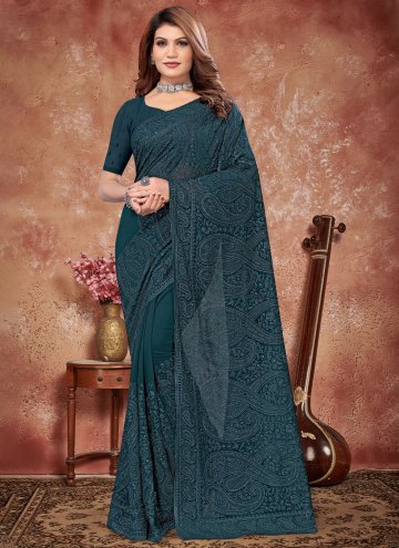 Amazing Teal Georgette Embroidered Traditional Saree for Ceremonial