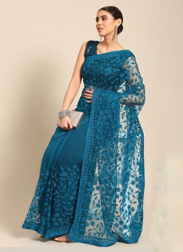 Amazing Teal Net Embroidered Contemporary Saree fo