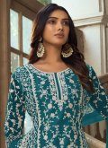 Amazing Teal Net Embroidered Salwar Suit for Ceremonial - 1