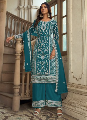 Amazing Teal Net Embroidered Salwar Suit for Ceremonial