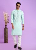 Amazing Turquoise Jacquard Silk Fancy work Kurta Pyjama for Engagement - 1