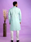 Amazing Turquoise Jacquard Silk Fancy work Kurta Pyjama for Engagement - 3