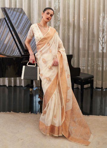 Amazing Woven Linen Off White Contemporary Saree