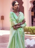 Amazing Woven Linen Sea Green Trendy Saree - 1
