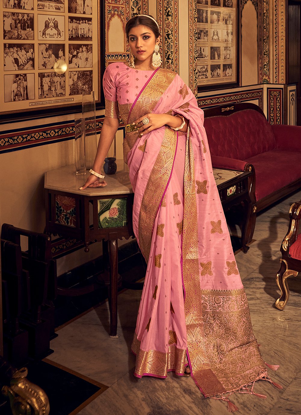 Amazing Woven Tussar Silk Pink Classic Designer Saree