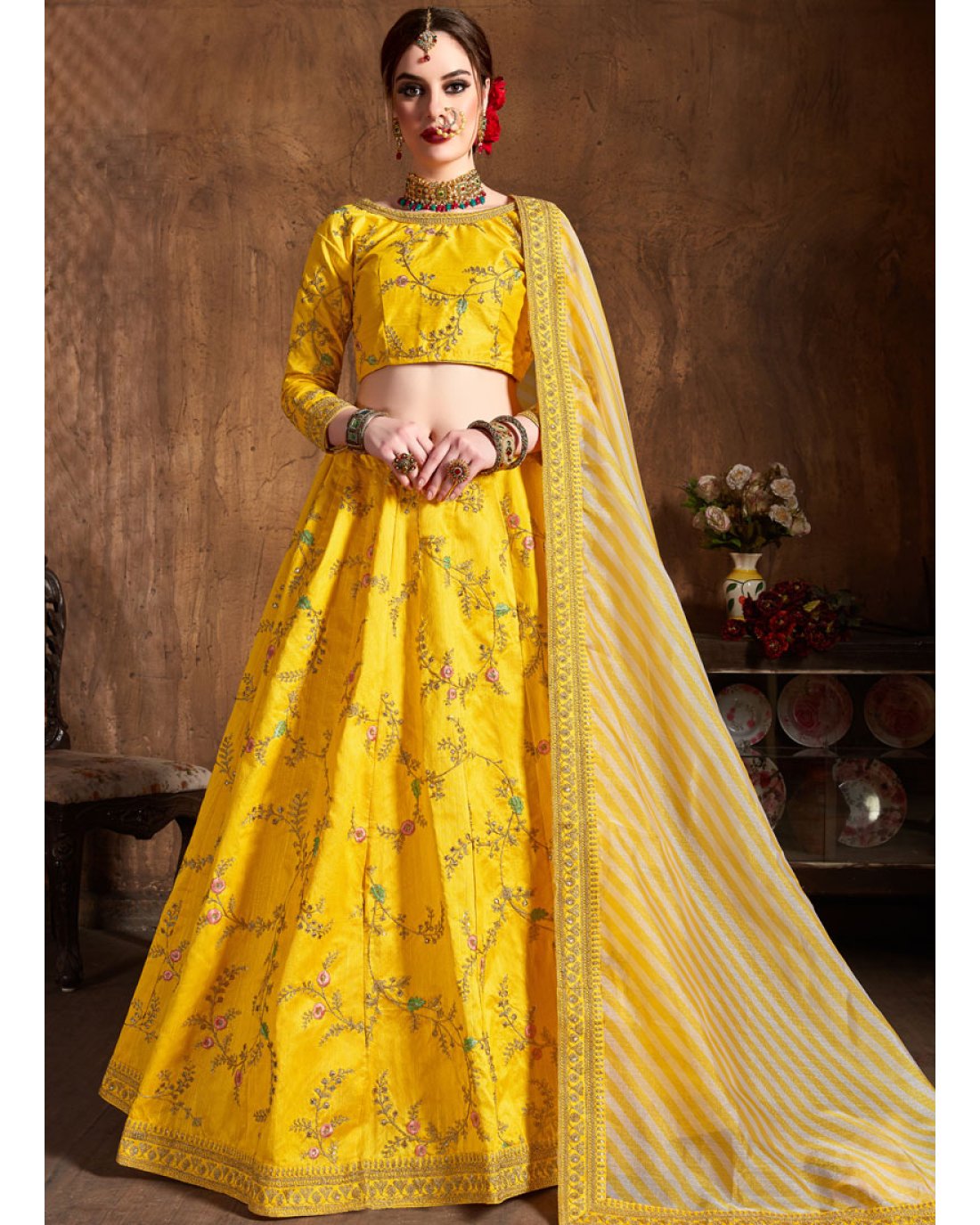 Amazing Yellow Art Silk Embroidered Lehenga Choli