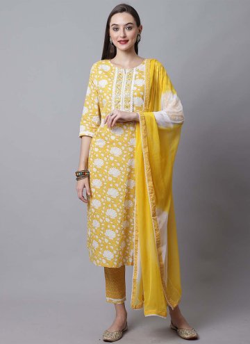 Amazing Yellow Cotton  Embroidered Salwar Suit for