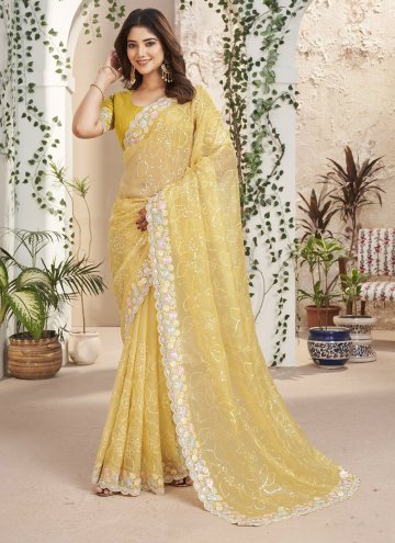 Amazing Yellow Fancy Fabric Embroidered Trendy Saree
